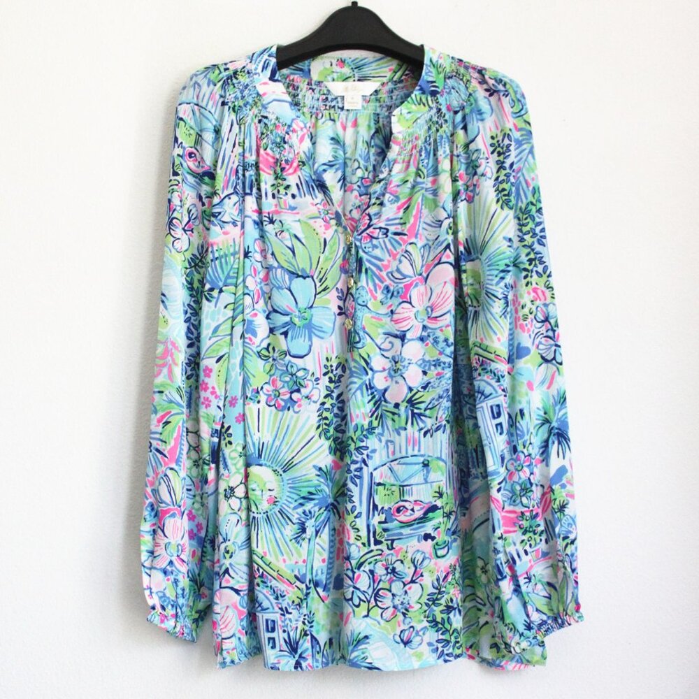 New Lilly Pulitzer Elsa Silk Top, MULTI-LILLYS HOUSE ANNIVERSARY ELSA - Picture 4 of 8